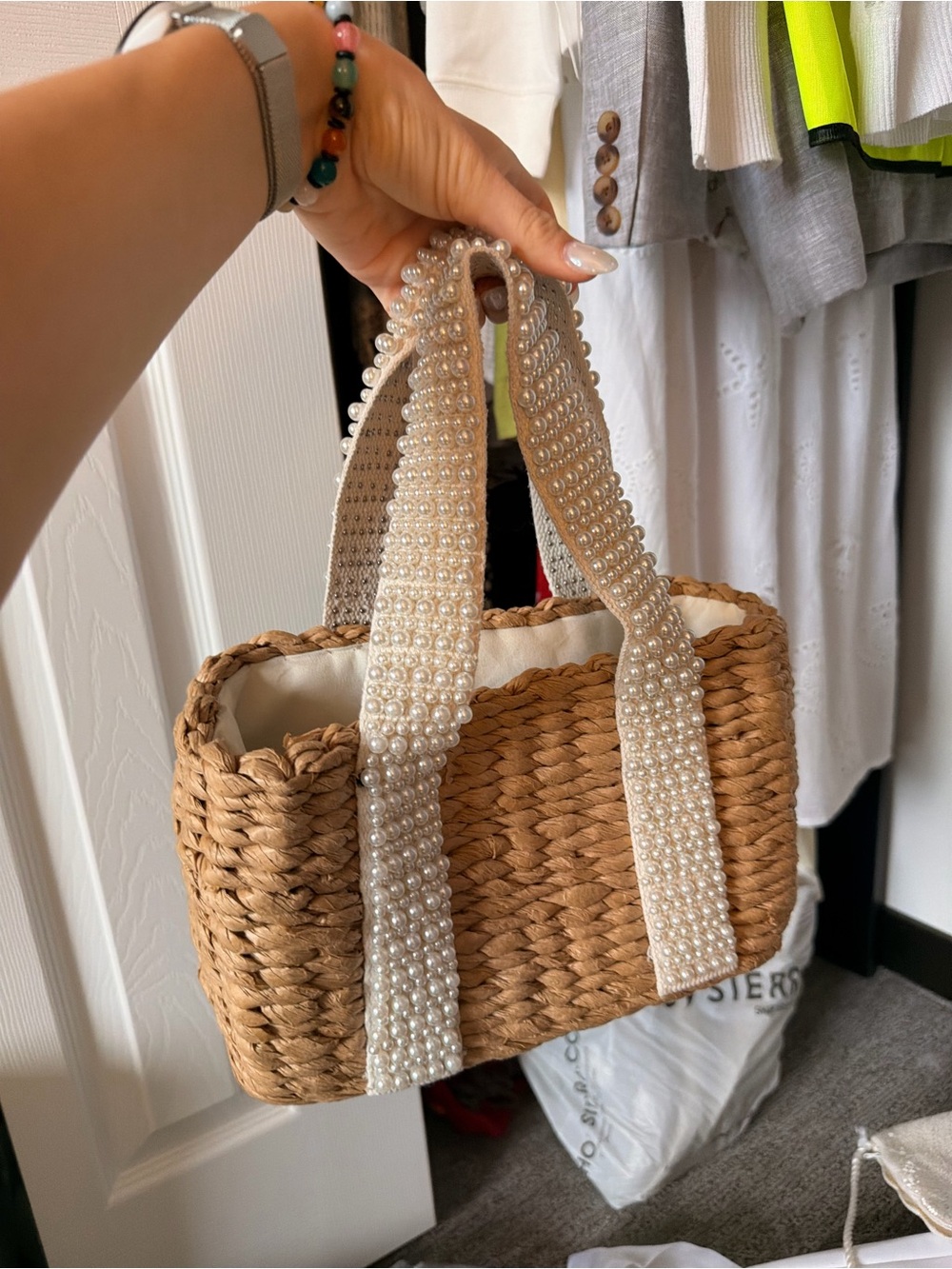Pearl-Accent Woven Straw Tote Bag - Natural - Picture 3 of 8